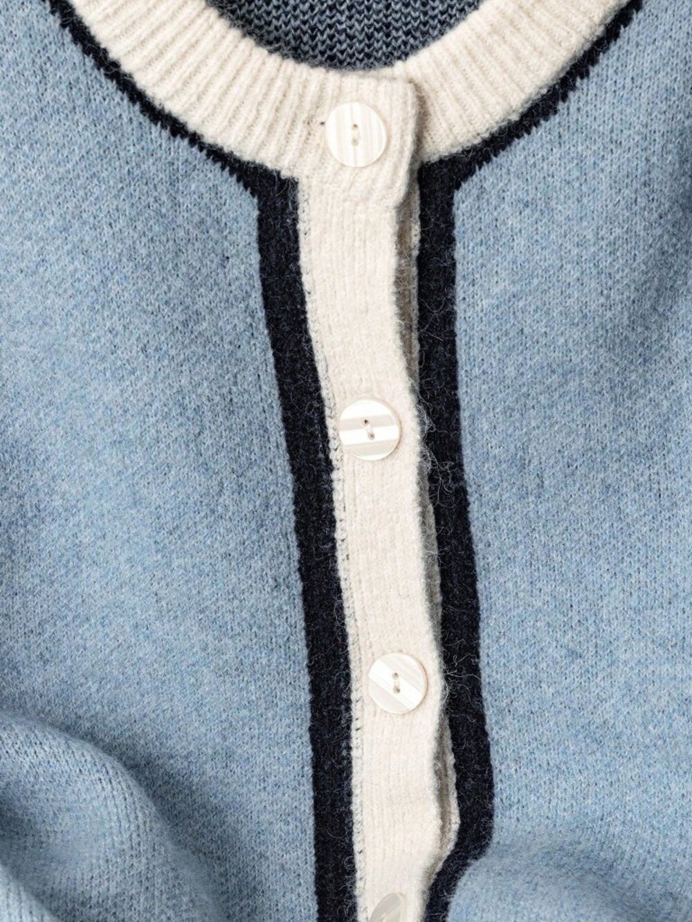 Blue And White Casual Women's Contrast Color Round Neck Cardigan - Picture 5 of 5